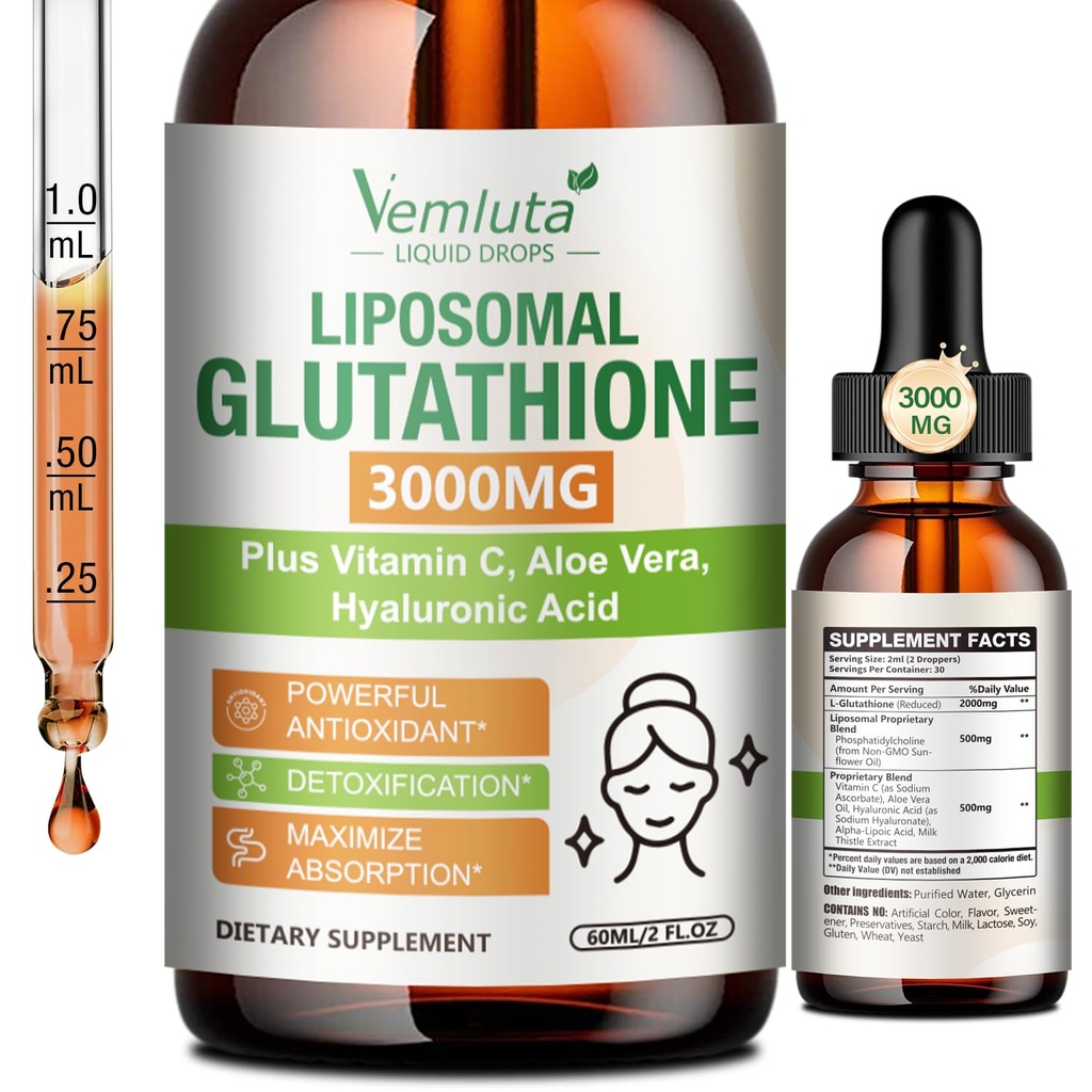 1 Pack 3000mg Liposomal Glutathione Liquid Drops, 98% Absorption Liposomal Glutathione with Vitamin C for Women, Glutathione Liposomal Supplement, Powerful Antioxidant Complex for Immune System, Liver