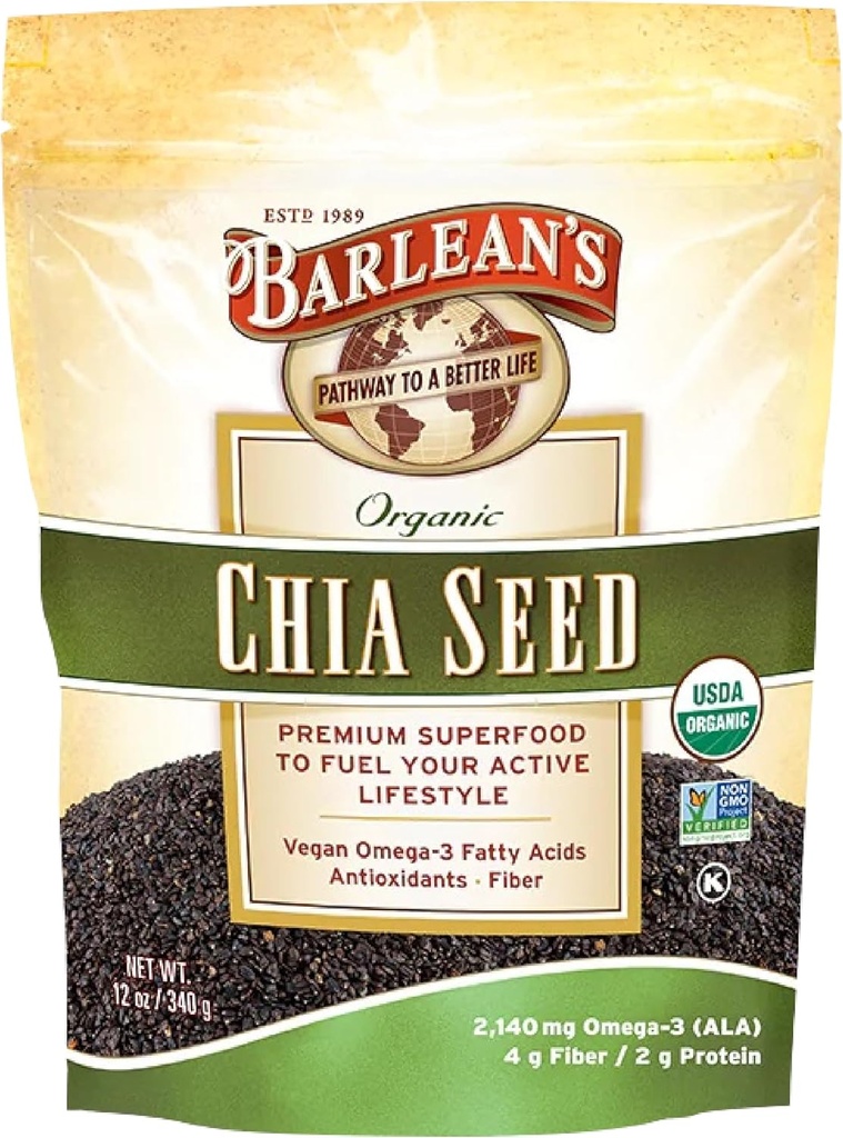 Barlean'ın Organik Chia Tohumları 2,140 mg Omega 3 Fatty Asits, Fiber Supplement for Whole Chia Seed for Smoothies, Non-GMO sertifikalı, 12 ozzz