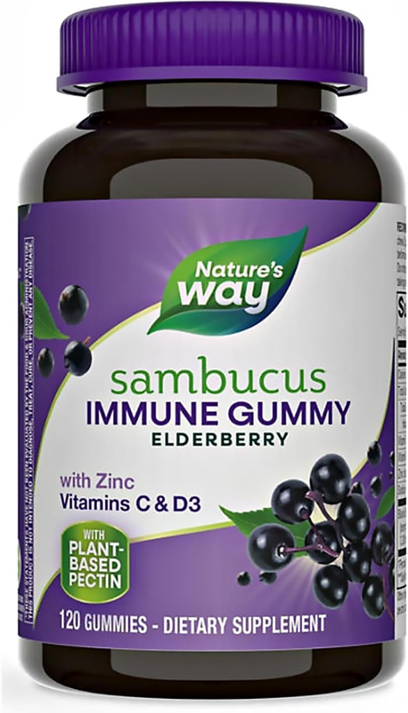 Natures+Way Sambucus Elderberry Gummies, με βιταμίνη C, βιταμίνη D και ψευδάργυρο, ανοσοποιητική υποστήριξη για παιδιά και ενήλικες, 120 Gummies