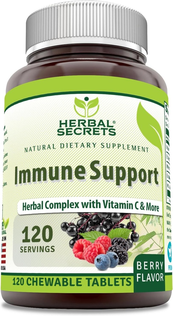 Herbal Sırları Immune Support with Vitamin C & Elderberry | Berry Flavor Chewable Tabletler | 120 Kont | Non-GMO | Glute-Free | Made in USA