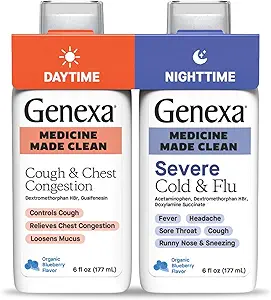 Genexa Daytime Βήχας & Συμφόρηση + Nighttime Σοβαρό κρύο & flu Combo Πακέτο, Βαφή Δωρεάν, 0% Τεχνητές Πρόσθετες, Υγρό Multi-Συμπτώματα Βήχας, Ψυχρό, & Γρίπη, Βιολογικό άρωμα βατόμουρο, 12 fl oz (2 Pack)