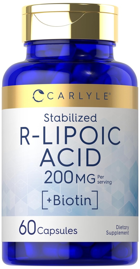 Carlyle R-Lipoic Acid 200 mg | 60 Capsules | Stabilized RLA with Biotin | Non-GMO, Gluten Free