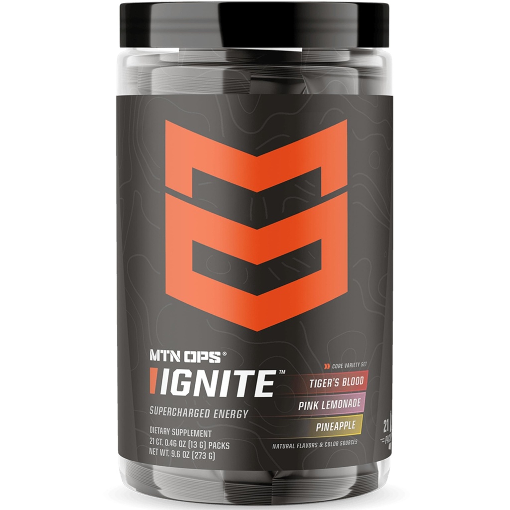 MTN OPS Ignite Sugar Free Energy Drink Powder Variety Pack with 200mg Caffeine, Travel Pre Workout Packets for to-Go Energy, Nootropic Blend, L Arginine & L Citrulline, 21 Servings, Core Flavors