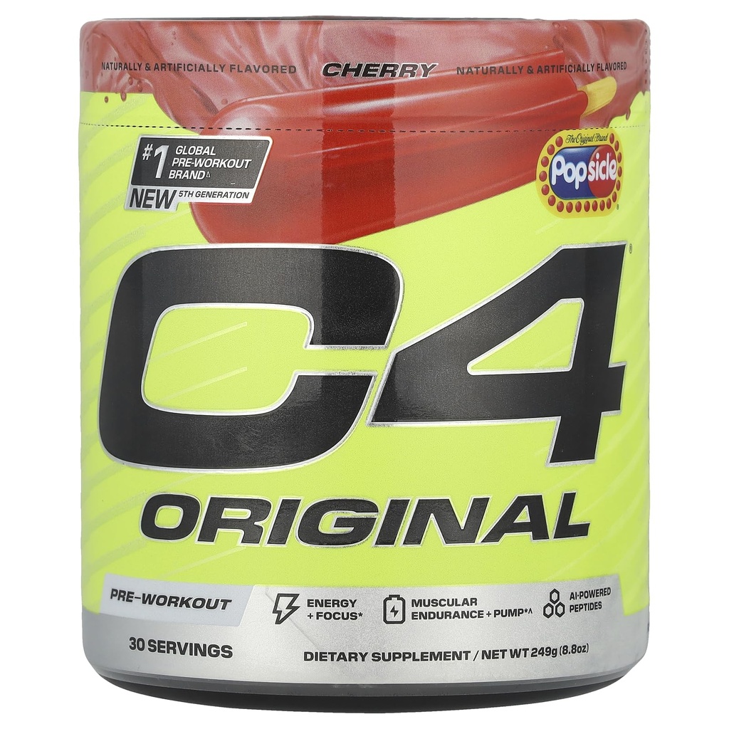 C4 Original Pre Workout – Popsicle Cherry - Pre-Workout for Endurance, Focus & Performance with 200mg Caffeine, Beta-Alanine, Creatine Nitrate, L-Arginine & PeptiPump – Sugar Free, 30 Serv