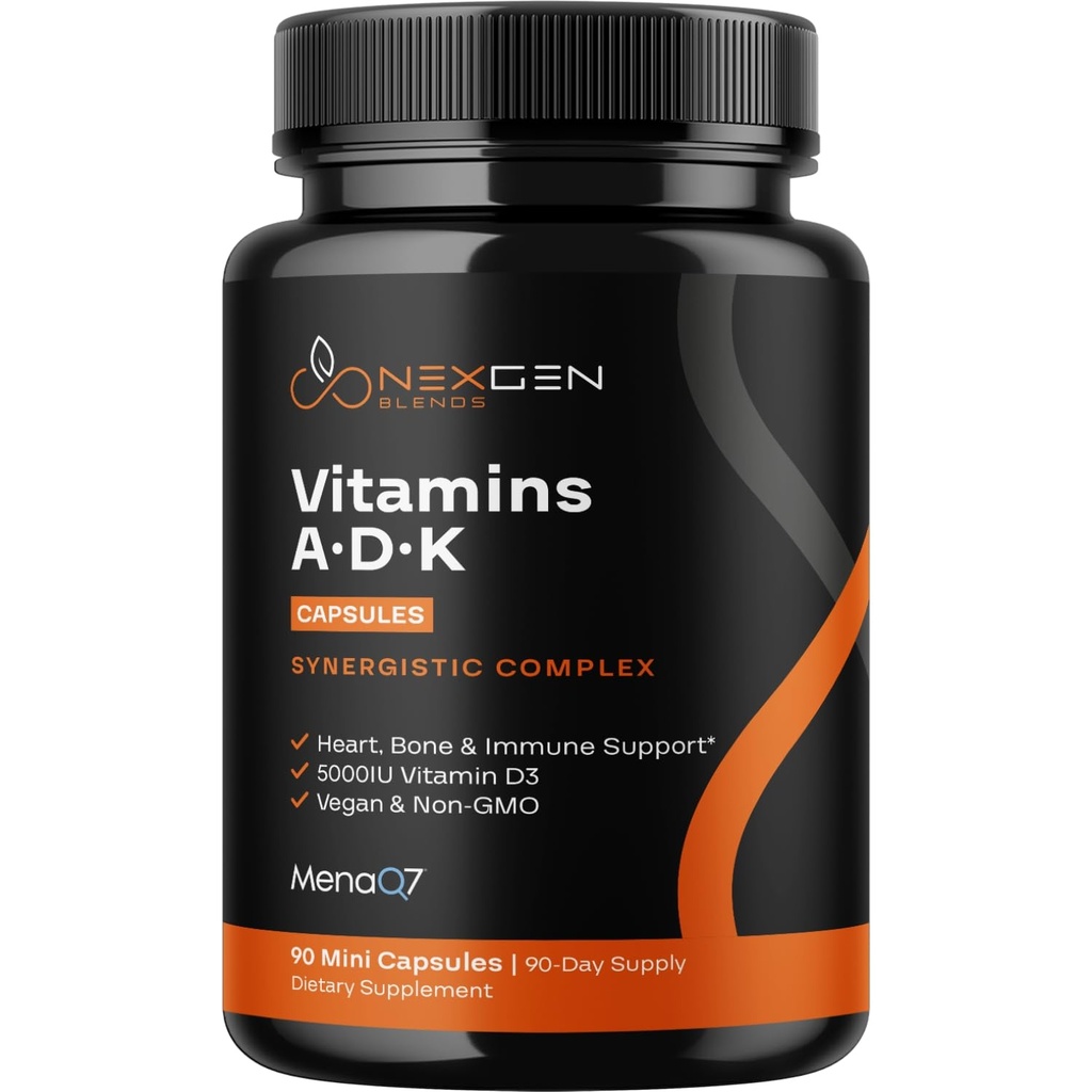 High Absorption ADK Vitamin Supplement - Vegan Vitamin D3 K2 MK7 & A for Calcium Regulation plus Bone Heart Thyroid & Immune Support - Vitamin ADK with 5000IU D3 Non GMO & Gluten Free (3 Months)