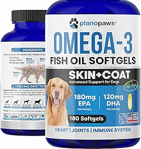 Omega 3 Köpek Kapsülleri için Balık Yağı - Köpekler için Salmon Yağı - Dog Fish Oil Supplement Shedding, Alerji, Itching - Support Kuru Skin, Joints - Dog Skin ve Coat Supplement - 180 Fish Oil Pills