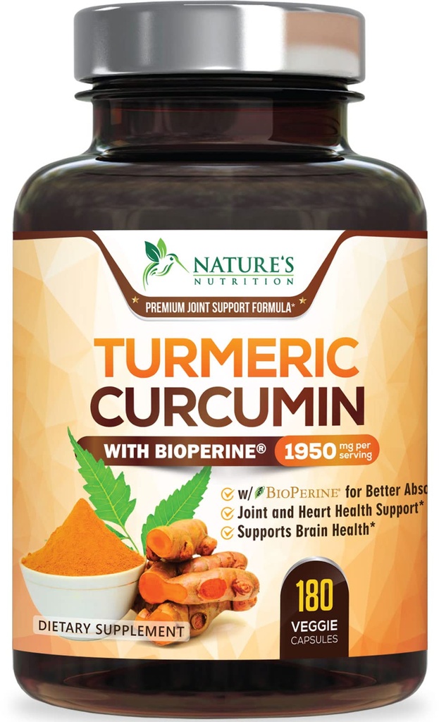Turmeric Curcumin Supplement 1950 mg -% 95 Curcuminoids with Organic Turmeric & BioPerine Black Pepper Extract for Best Abpole, Nature's Vegan Ortak Destek, Non-GMO, Şişed in USA - 180 Capsules