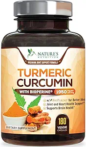 Turmeric Curcumin Supplement 1950 mg -% 95 Curcuminoids with Organic Turmeric & BioPerine Black Pepper Extract for Best Abpole, Nature's Vegan Ortak Destek, Non-GMO, Şişed in USA - 180 Capsules