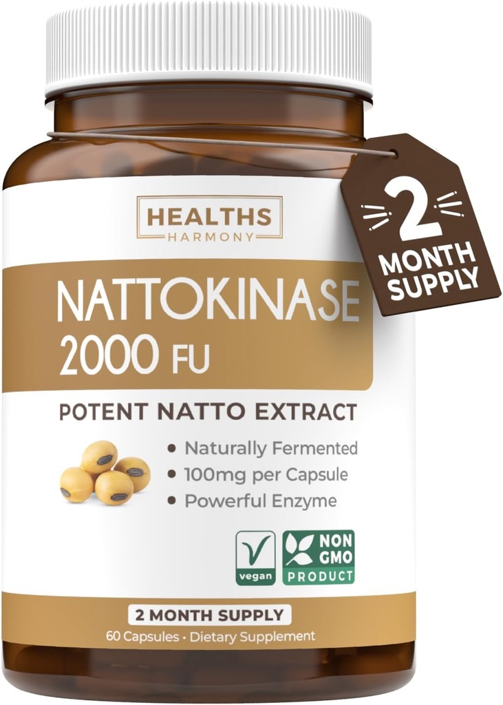 Sağlıklar Harmony Nattokinase 2000 FU (Non-GMO) Doğal Fermented Soybeans'tan Yapılan Güçlü Nattokinase Supplement - (2 Ay Supply) 60 Vegan Natto Capsules