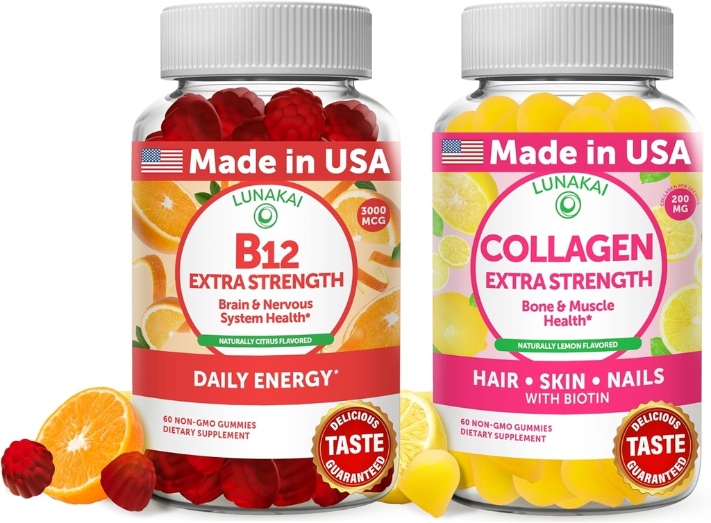 Lunakai Vitamin B12 ve Collagen Gummies Sche - 3000 mcg Torchcobalamin Yüksek Absorpsiyon Enerji Gummies - Erkekler ve Kadınlar için Atılma Supplements - 30 Gün Supply