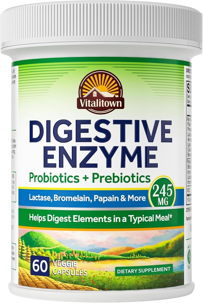 Vitalitown Digestive Enzyme | 3in-1 Formula | Probiyotikler + Prebiyotikler | 60 Veg Caps | 245 mg | Seven Key Enzymes | Bromelain, Lactase | for Digestion | Vegan, Non-GMO