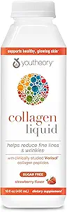 Youtheory Collagen Liquid - 2500 mg Verisol Hydrolyzed Collagen - Supports Commons, Muscles, Bones, Hair, Skin & Nails* - 18 Amino Asits - Natural Strawberry Flavor - 15 fl oz