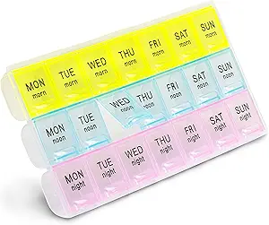 FMP Brands 1 Pack Pill Organizer 3 Times bir gün, Haftalık Tıp Organize Pill Kutu, 7 Gün Büyük Pill Sahibi Organize Konteyner Davası, Morning Noon Night Pill 3 Times a Day Travel Pill Box