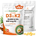 VEV Vitamin D3 K2 Softgels 10,000 IU & 200 mcg MK-7, Bone & Joint Support Supplement, Immune Support Formula with Coconut Oil, 300 Softgels