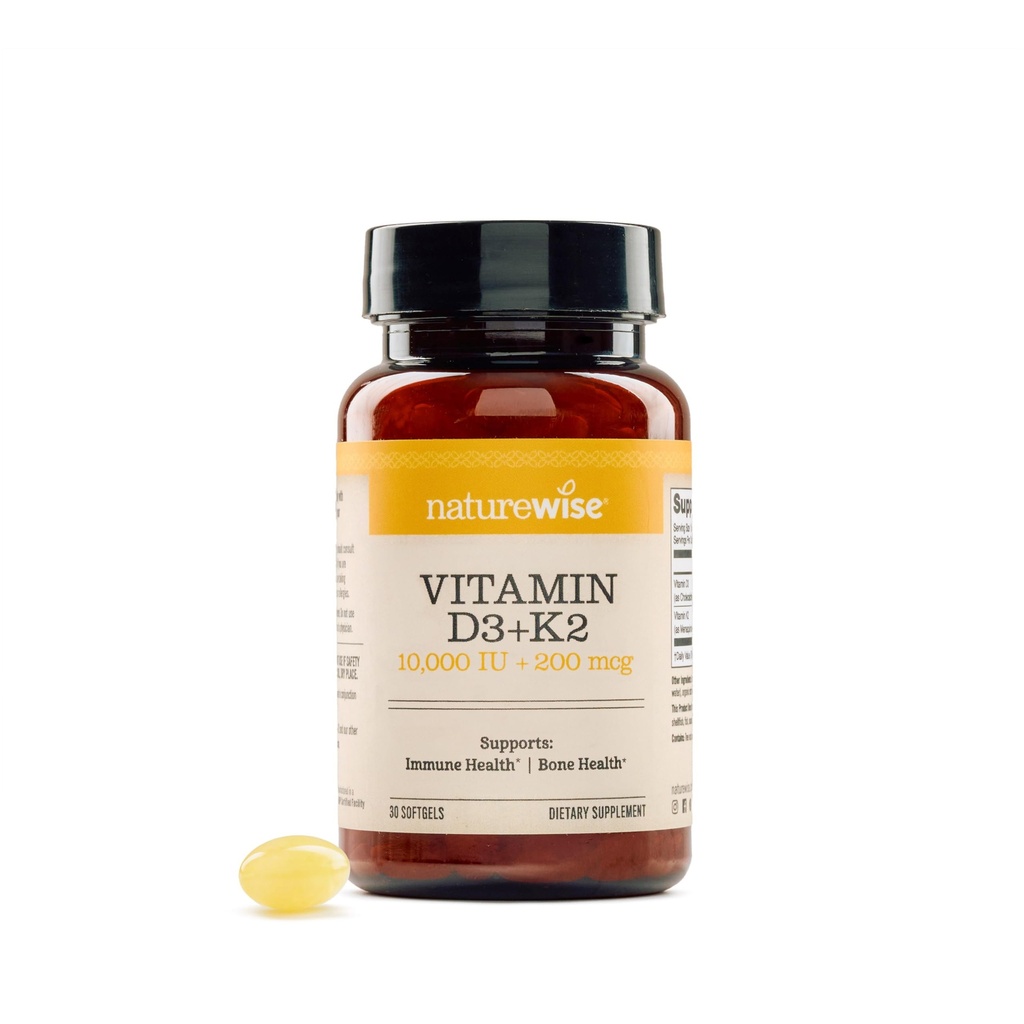 NatureWise Vitamin D3 10,000 IU Plus K2 (MK-7) 200 mcg with Organic Extra Virgin Coconut Oil - Supports Calcium Absorption, Bone, Heart & Immune Health - Non-GMO, Soy & Gluten-Free - 30 Softgels