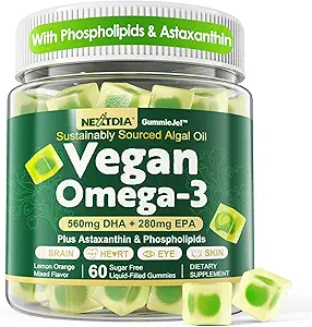 Vegan Omega 3 Gummies + Phospholipids, Astaxanthin, Vitamin D3, DHA 560 mg & EPA 280 mg, Fish-Free Algae Omega 3 Supplement for Yetişkinler & Kids for Brain, Eye, Skin and General Health, Sugar Free, 60 Cts