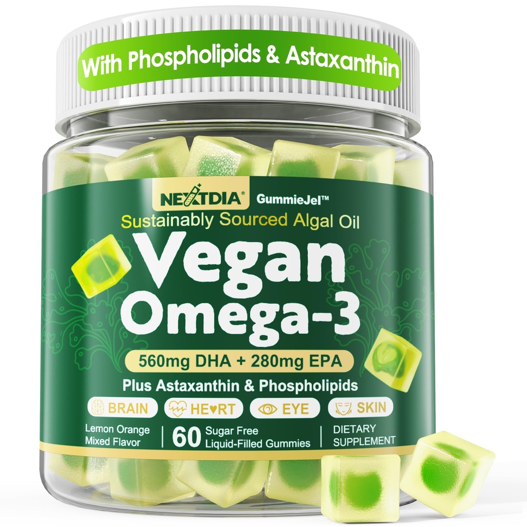 Vegan Omega 3 Gummies + Phospholipids, Astaxanthin, Vitamin D3, DHA 560mg & EPA 280mg, Fish-Free Algae Omega 3 Supplement for Adults & Kids for Brain, Eye, Skin and Overall Health, Sugar Free, 60 Cts