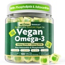 Vegan Omega 3 Gummies + Φωσφολιπίδια, Ασταξανθίνη, Βιταμίνη D3, DHA 560mg & EPA 280mg, Fish-Free Algae Omega 3 συμπλήρωμα για ενήλικες & παιδιά για τον εγκέφαλο, το μάτι, το δέρμα και τη συνολική υγεία, χωρίς ζάχαρη, 60 Cts