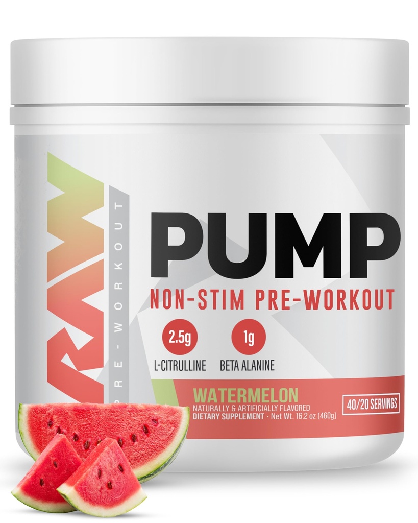 RAW Pump Stim Free Pre Workout (Watermelon) - Non-Stimulant Pre Workout Toz Nitrik Çimento ATM - Pre Workout Supplements Drink for during Workout - 40 Servisler
