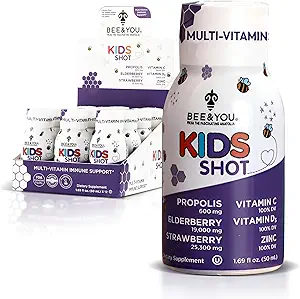 BEE ve You Kids Immune Support Supplement,% 100 Natural Propolis, C, Elderberry, Raw Honey, Antioksis, Alternative to Gummies, Great Taste, 12 Pack, 1.69 fl. oz Every