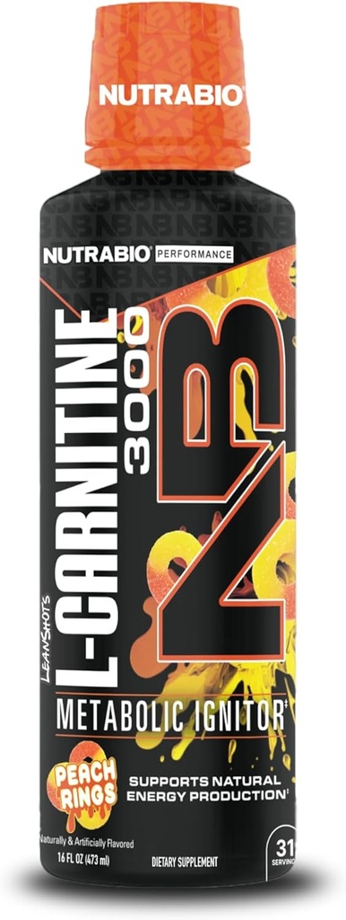 NutraBio – L-Carnitine Sıvı Shots – 3000 mg, (Peach Ring) – 10 mg B-5 Vitamini - Zero Carbs & Sugars – Enerji Üretimi – Kas Recovery
