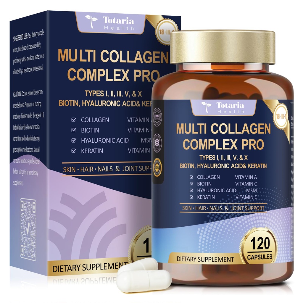 18-in-1 Collagen Pro with Hyaluronic Acid, Keratin, Biotin, VIT A C & E for Skin, Hair, Nails, Joint & Beauty - Multi Collagen Capsule Capsules with Type I II III V & X for Women & Men - 120 Caps