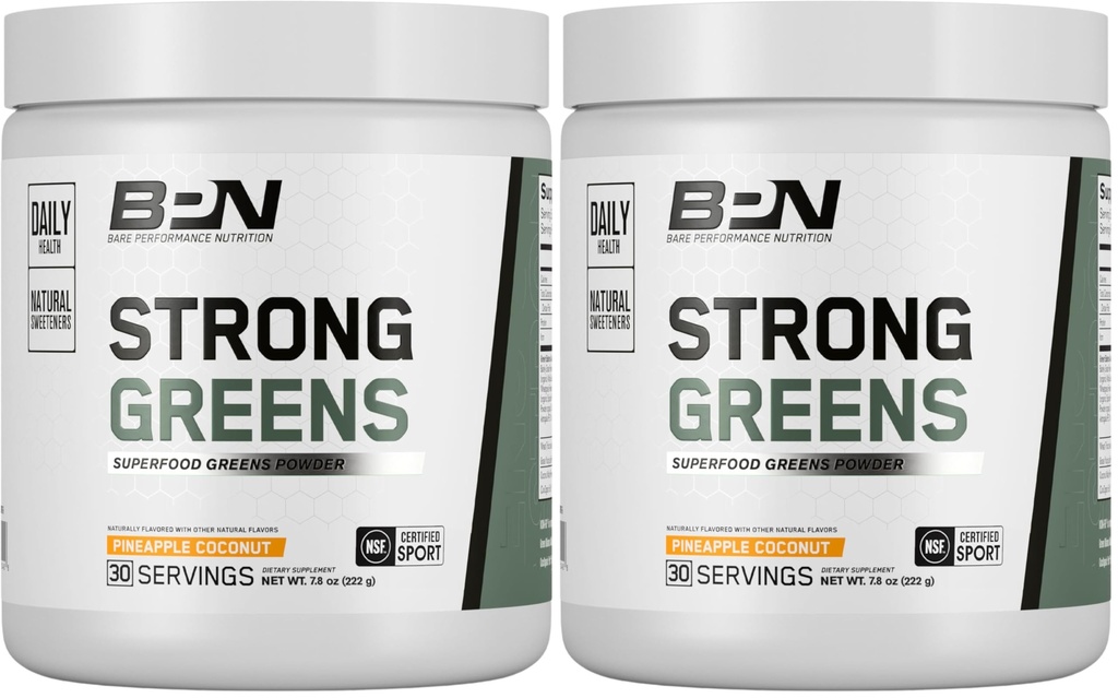 BARE PERFORMANCE NUTRITION, BPN Strong Greens Superfood Powder, Improved Digestion, Increased Energy, Immune System Support, Pineapple Coconut (Pack of 2)