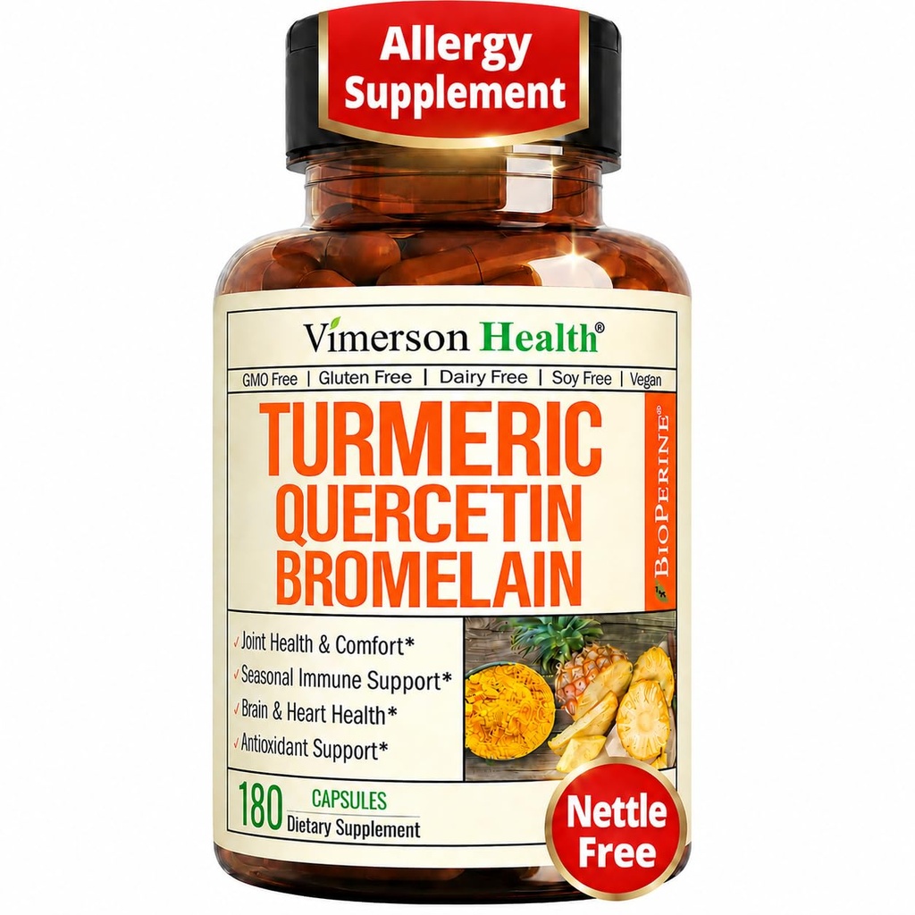Bromelain Turmeric Curcumin Supplement – Alerji Yardımı, Ortak & Immune Support – Organik Turmeric Supplement with Black Pepper (Bioperin) – 180 Quercetin 500 mg Capsules