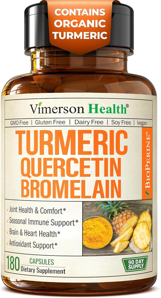 Bromelain Turmeric Curcumin Supplement – Alerji Yardımı, Ortak & Immune Support – Organik Turmeric Supplement with Black Pepper (Bioperin) – 180 Quercetin 500 mg Capsules