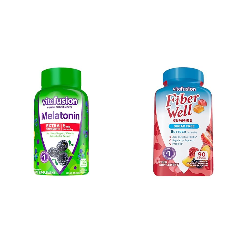 Vitafüzyon Ekstra Güçlü Melatonin Gummy Vitamins, 5 mg, 120 ct Gummies & Fiber Well Sugar Free Fiber Supplement, Peach, Strawberry ve BlackBerry Flavored Supplements, 90 Count