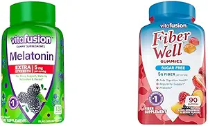 Vitafusion Extra Strength Melatonin Gummy Vitamins, 5mg, 120 ct Gummies & Fiber Well Sugar Free Fiber Supplement, Peach, Strawberry and BlackBerry Flavored Supplements, 90 Count