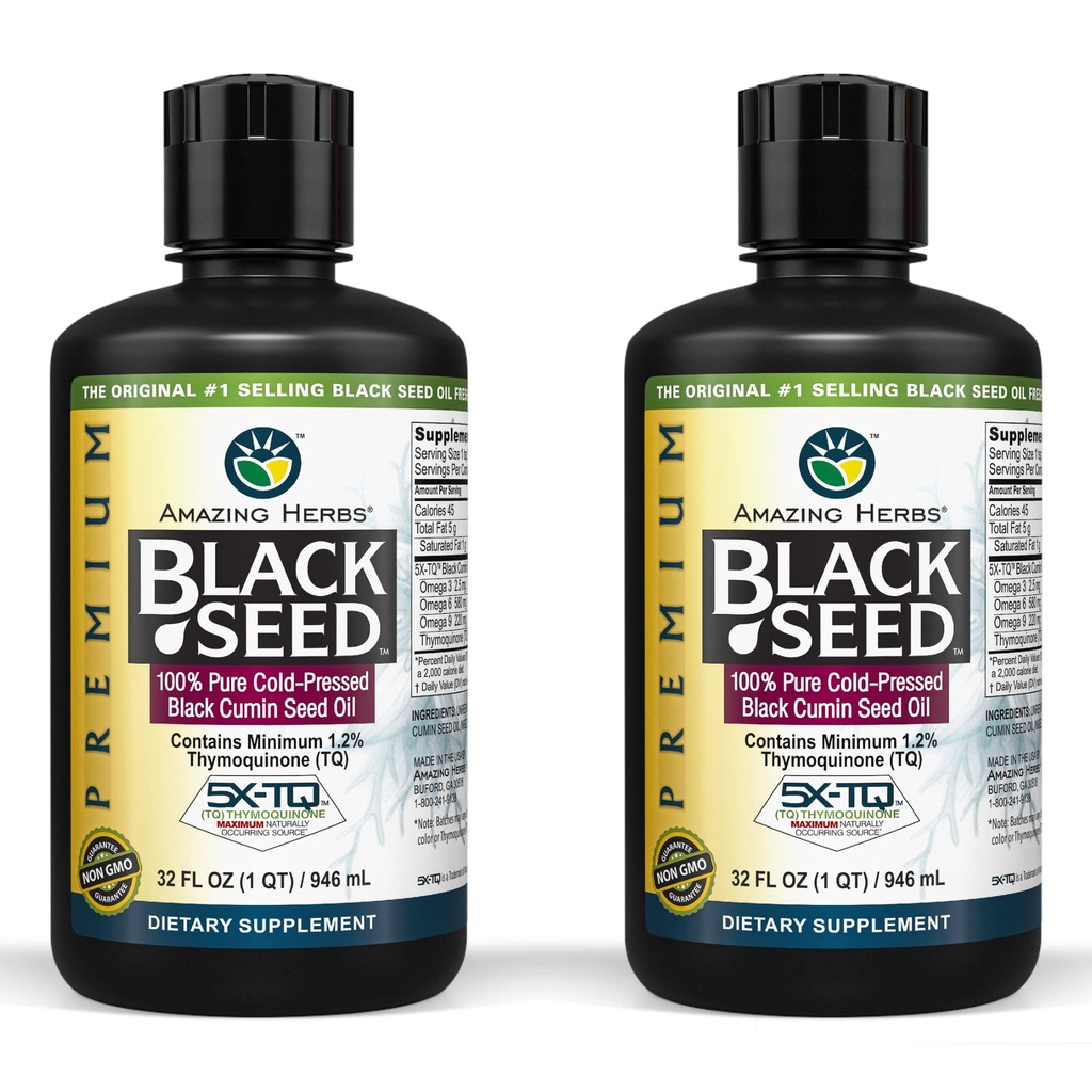 Amazing Herbs Premium Black Seed Oil - Cold Pressed Nigella Sativa Aids in Digestive Health, Immune Support, Brain Function, Joint Mobility, Gluten Free, Non GMO - 32 Fl Oz (Pack of 2)