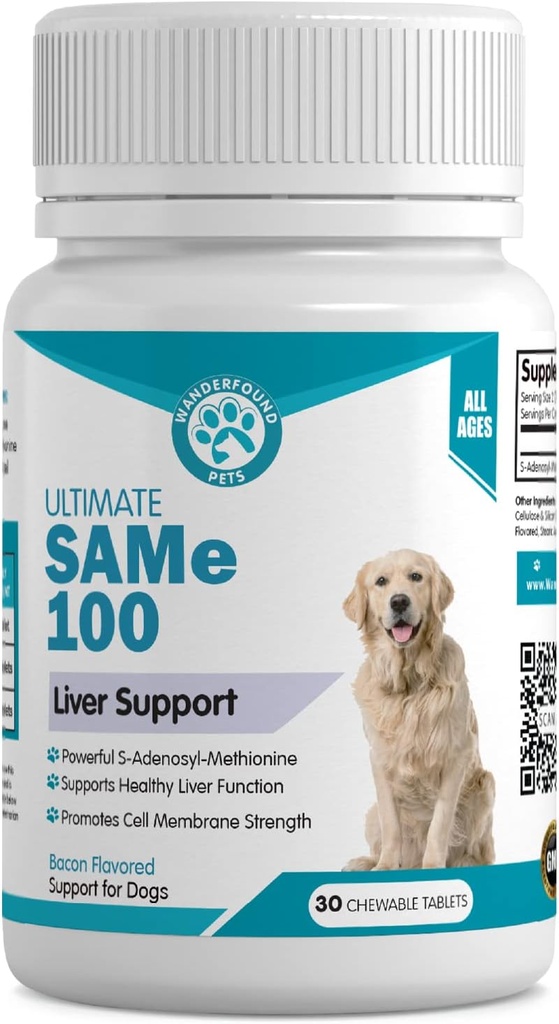 Wanderfound Pets Same 100 Liver Support for Dogs - Aynı S-Adenosyl-L-Methionine Hepa Liver & Brain Support - Bacon Flavored Sam E, ABD'de Üretilmiş Tabletler - 30 Chewable Tabletler