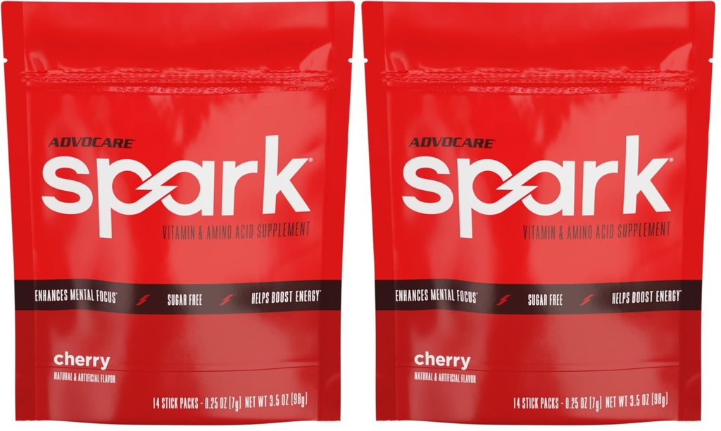 AdvoCare Spark - Energy Drink Mix - Vitamin & Amino Acid Supplement - Supports Energy & Focus - Portable Immune Support - Sugar-Free - Cherry, 14 Stick Packs (3.5 oz) (Pack of 2)
