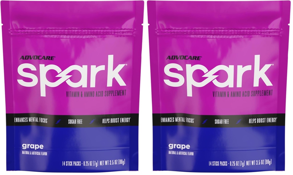 AdvoCare Spark - Energy Drink Mix - Vitamin & Amino Acid Supplement - Supports Energy & Focus - Portable Immune Support - Sugar-Free - Grape, 14 Stick Packs (3.5 oz) (Pack of 2)