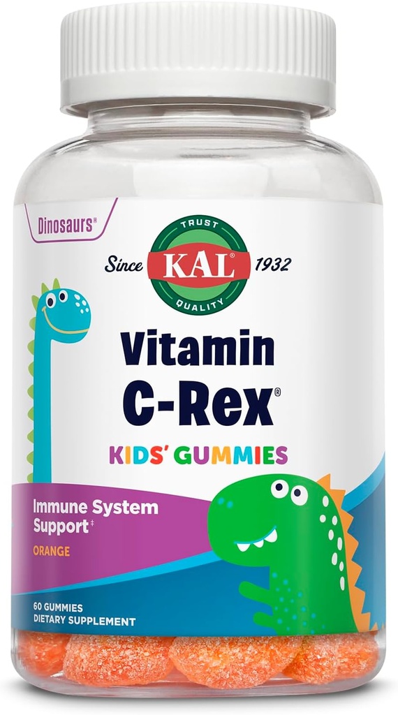 KAL C Vitamin C-Rex Kids' Gummies, Çocuklar için C Gummies, Sağlıklı Immune, Bone, Muscle & Skin Support Vitamin C Gummy, Vegan, Gluten Free, 60 Günlük Para Geri Garanti, 30 Hizmet, 60 Gummies