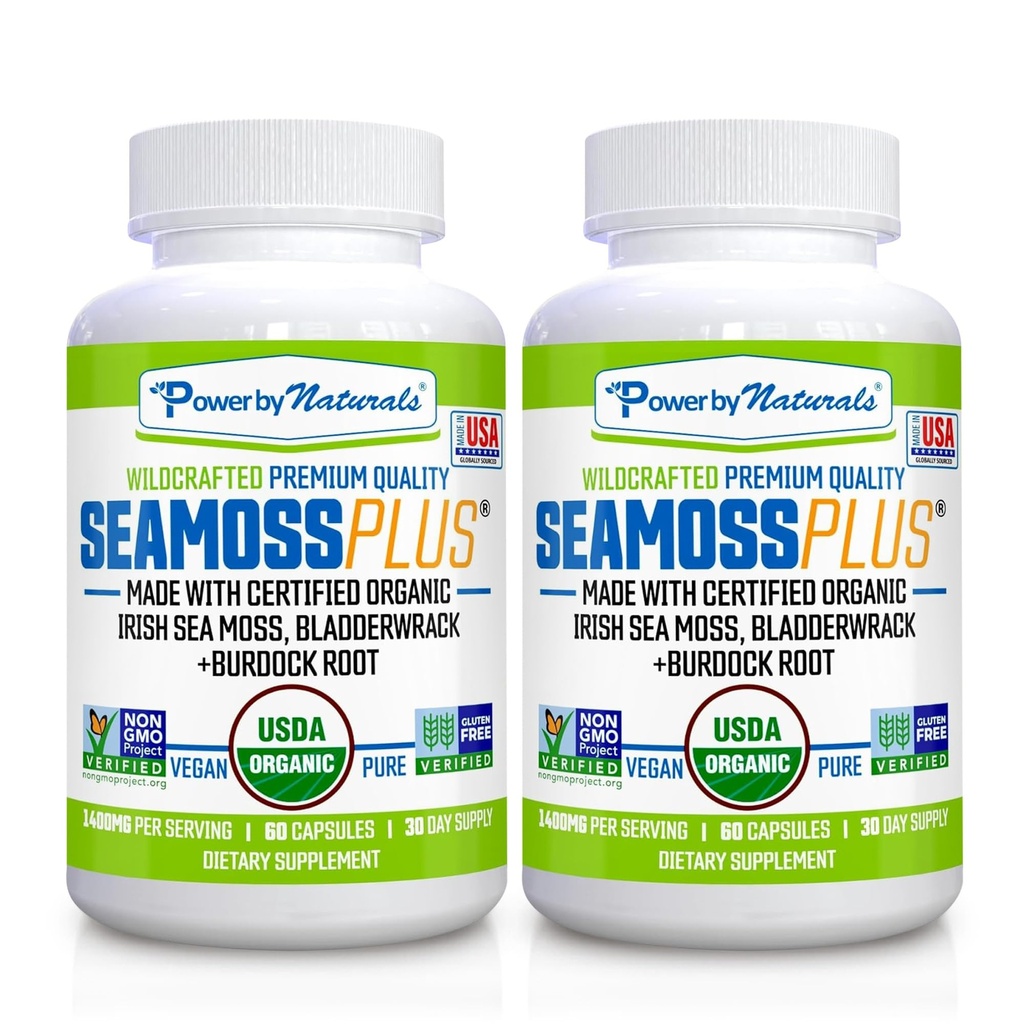 Power By Naturals Sea Moss Plus - USDA sertifikalı Organik Yabanatlı İrlandalı Seamoss, Bladderwrack & Burdock Root, Tamam for Immunity, 60Ct, 2 Pack