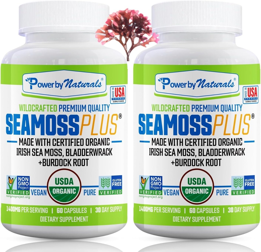 Power By Naturals Sea Moss Plus - USDA sertifikalı Organik Yabanatlı İrlandalı Seamoss, Bladderwrack & Burdock Root, Tamam for Immunity, 60Ct, 2 Pack
