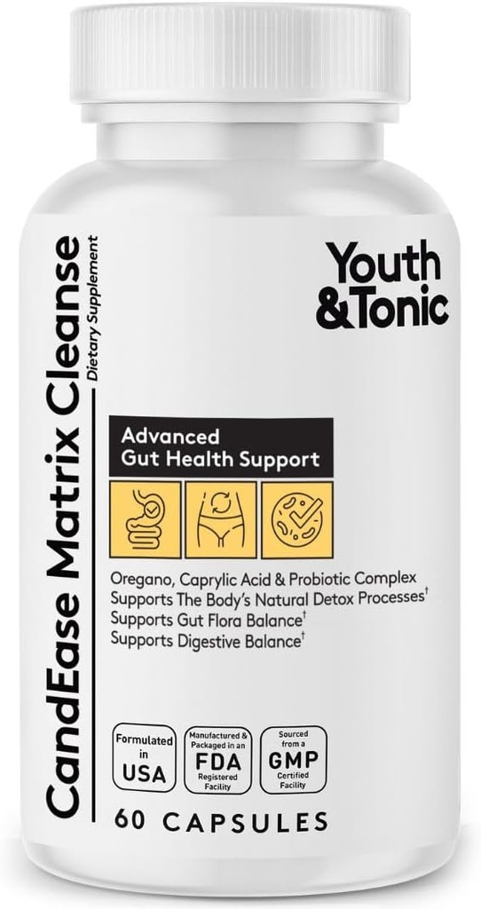 Gençlik ve Tonic CandEase Cleanse Matrix – Overgrowth Support & Gut Health, Intestinal Flora Balance & Body Detox Kompleks with Oregano, Caprylic Acid, Digestive Enzymes, Probiyotiks, 60 Pills, Kadınlar ve Erkekler