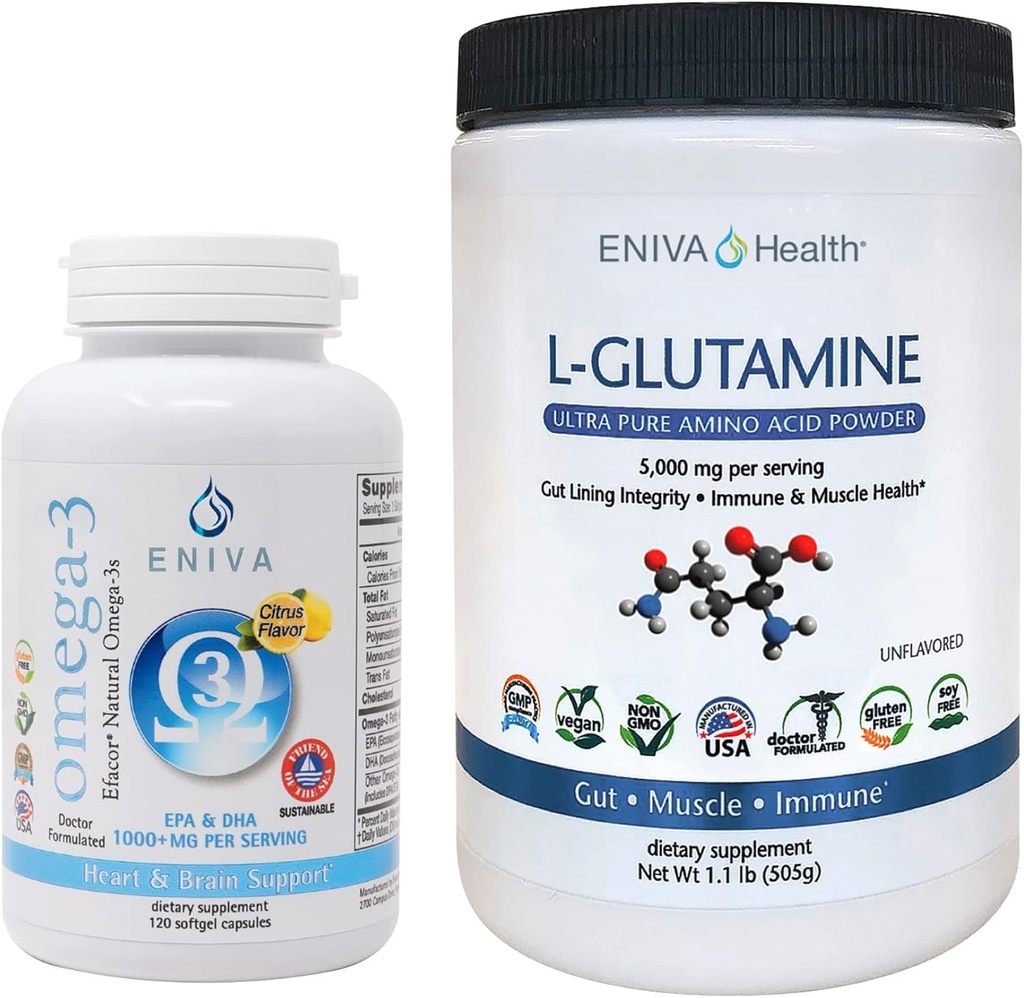 Eniva L-Glutamine Toz, 1.1-Pound ve Omega-3 Fish Oil (60 kapak)