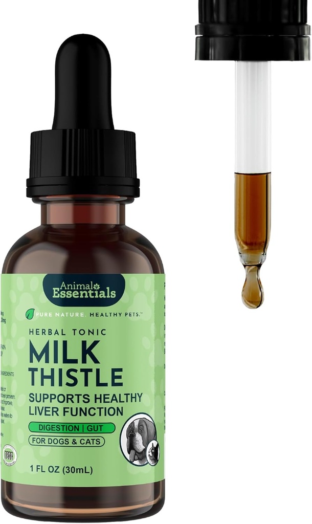 Animal Essentials Milk Thittle for Dogs & Cats - Υποστήριξη για την υγεία του ήπατος, εκχύλισμα βοτάνων, συμπλήρωμα ηπατικής φροντίδας, οργανικές σταγόνες υγρού - 1 FL Oz
