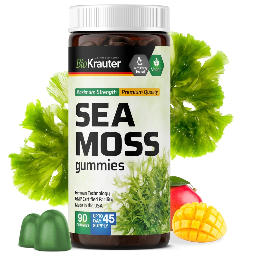 BIO KRAUTER Ιρλανδική Θάλασσα Moss Gummies για γυναίκες και άνδρες - 2840 mg Δύναμη - 90 Vegan Chews - Bladderwrack & Burdock Root Supplement - Chondrus Crispus Formula - Seamoss Gummies