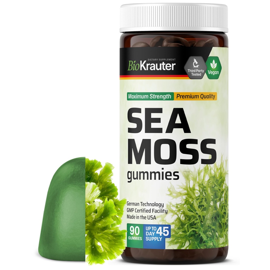 BIO KRAUTER Ιρλανδική Θάλασσα Moss Gummies για γυναίκες και άνδρες - 2840 mg Δύναμη - 90 Vegan Chews - Bladderwrack & Burdock Root Supplement - Chondrus Crispus Formula - Seamoss Gummies