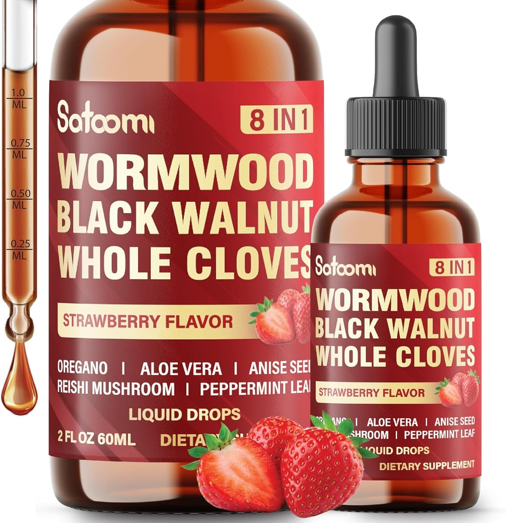 Satoomi 8in1 Wormwood Liquid Drops with Black Walnut, Whole Cloves ve 5 More - 60 ml 60 Days Supply