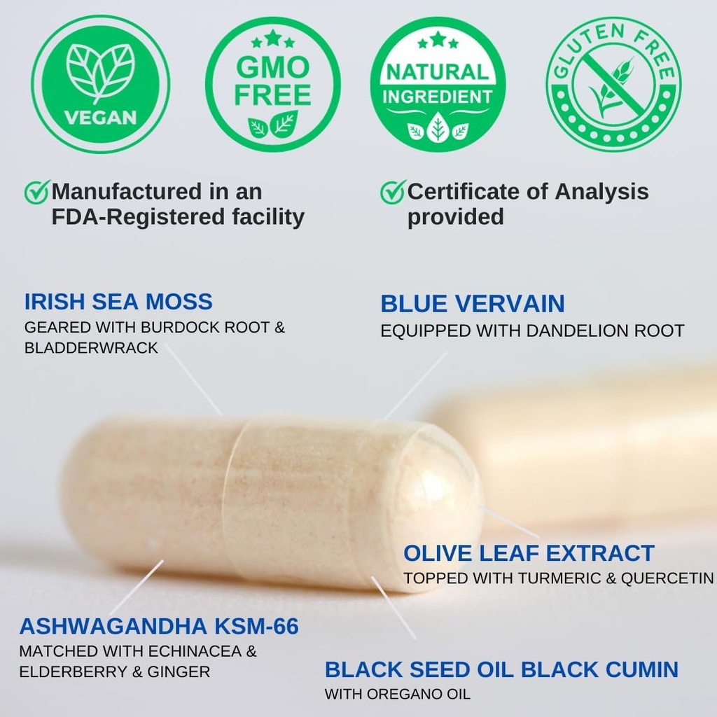 VINATURA Organic Sea Moss, Blue Vervain - με Black Seed Oil, Ashwagandha, Ginger, Burdock Root Caps - 1250mg ανά υπηρεσία, *USA Made &Tested* Ανοσοποιητικό Αναμνηστικό για Ενήλικες