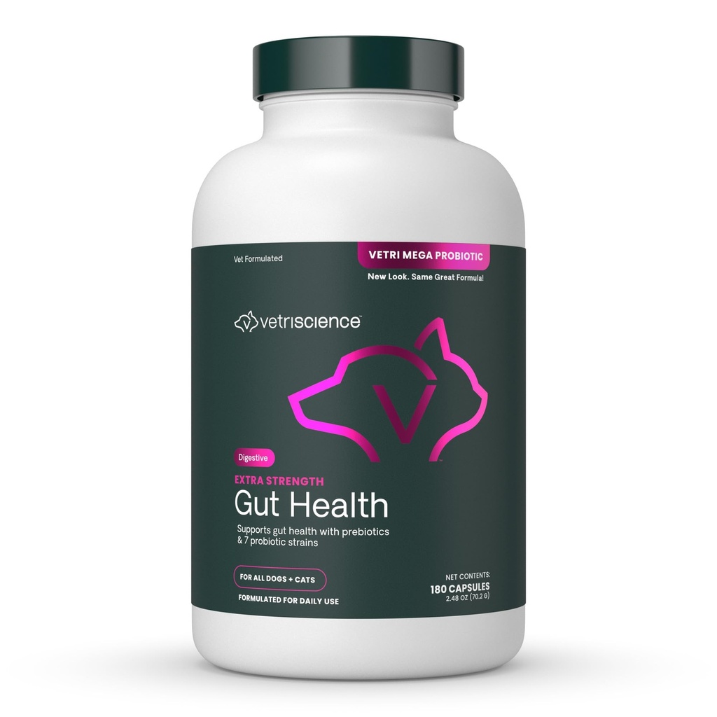VetriScience Extra Strength Gut Health Probiotic & Prebiotic Digestive Supplements for Dogs & Cats, Gas & Diarrhea & Immune Support, Easy-Open Κάψουλες, 180 Count - New Look