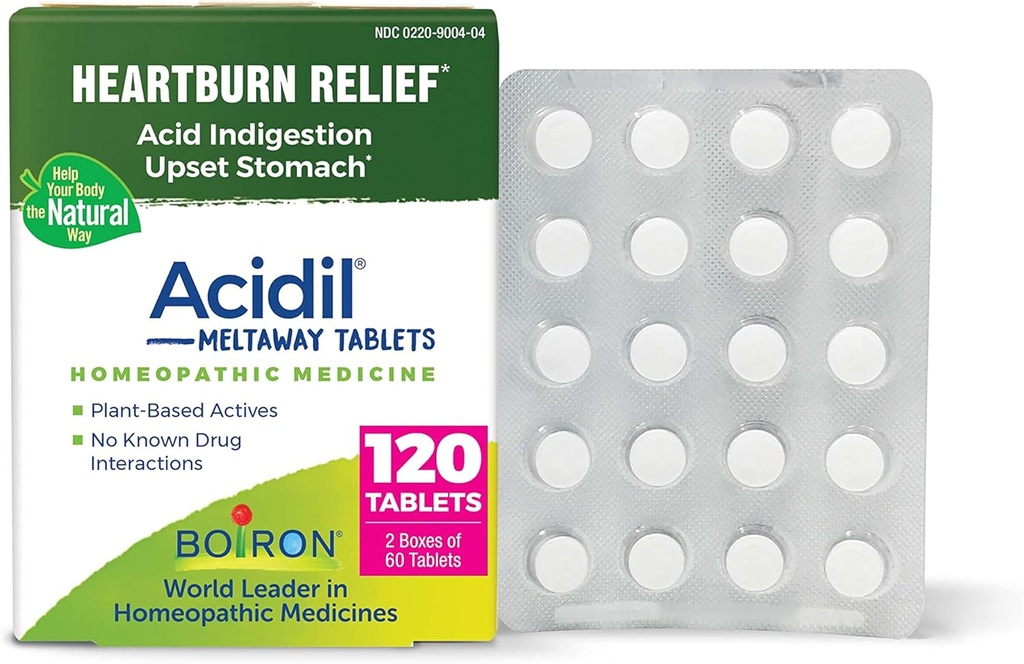 Boiron Acidil Tabletισκία για την ανακούφιση της γαστρεντερικής παλινδρόμησης, του καψίματος, της δυσπεψίας και του αναστατωμένου στομάχου - 120 Count (2 Pack of 60)