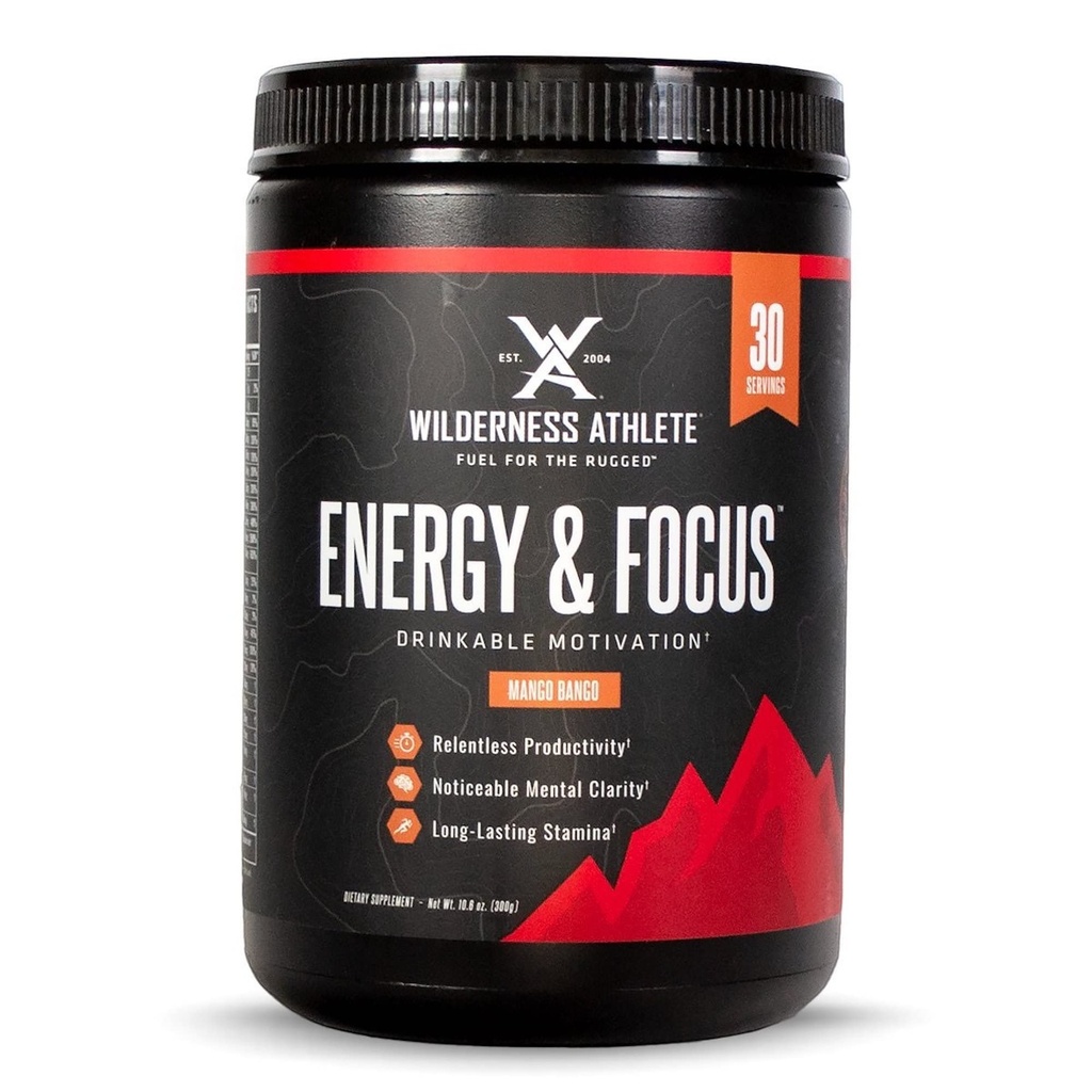 Wilderness Athlete - Energy & Focus | Energy Booster for Women & Men - Energy Drink Mix with Natural Caffeine - Low-Carb, Zero Sugar Energy Drink Powder - 30 Serving Energy Drink Tub (Mango Bango)