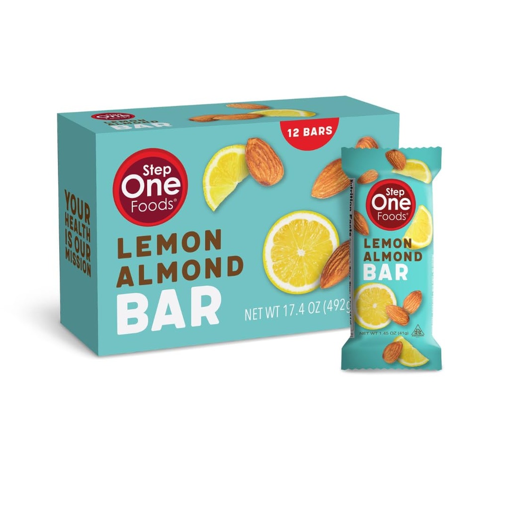Adım One Foods Lemon Almond Bar, Kalp Sağlıklı Snack Plant Sterols, Omega 3's High Fiber Snack Gluten & Dairy Free, Vegan, Zero sodyum, Granola Bars (12 Pack)