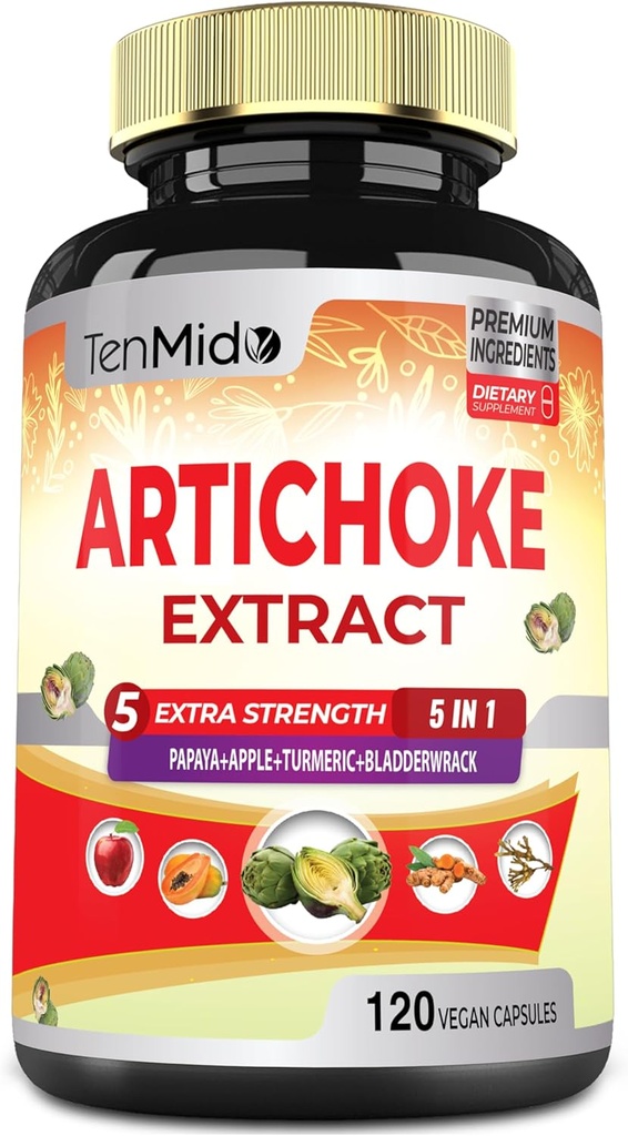 Artichoke Supplement Extract Capsules, 4 Ay Papaya, Apple Pectin, Turmeric Curcumin, Bladderwrack - Destekler Digestion Function - 120 Vegan Capsules